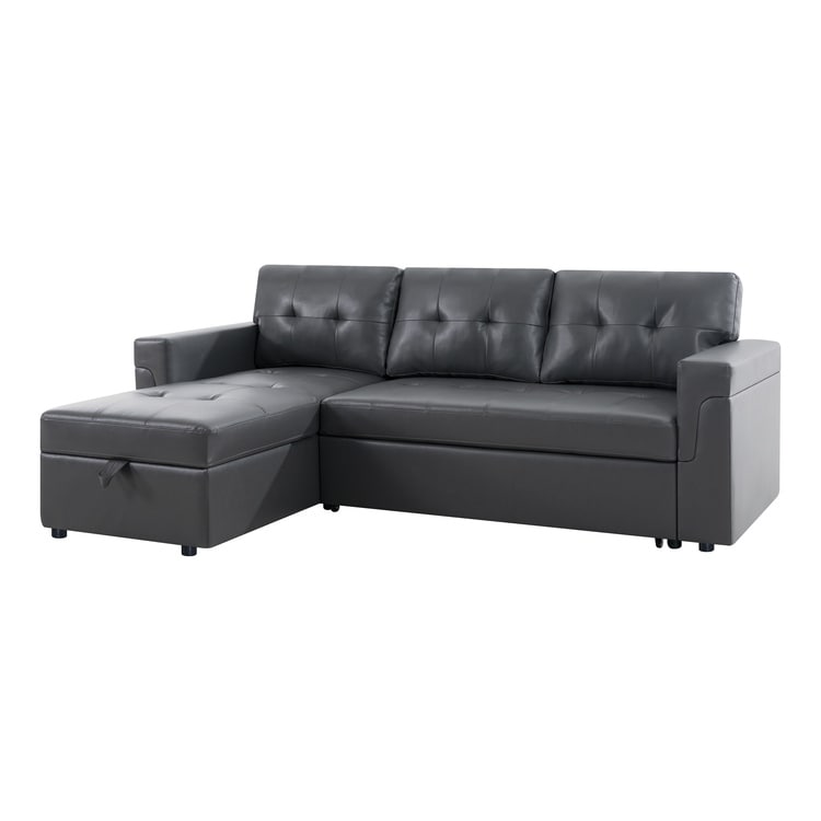 Canapé d'angle convertible et réversible avec lit escamotable, chaise longue avec rangement intégré et pieds robustes.