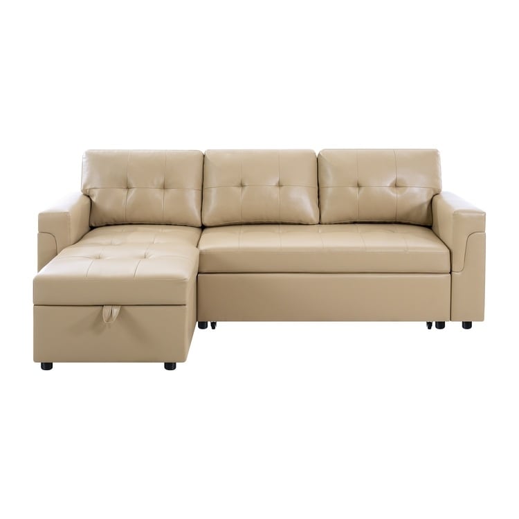 Canapé d'angle convertible et réversible avec lit escamotable, chaise longue avec rangement intégré et pieds robustes.