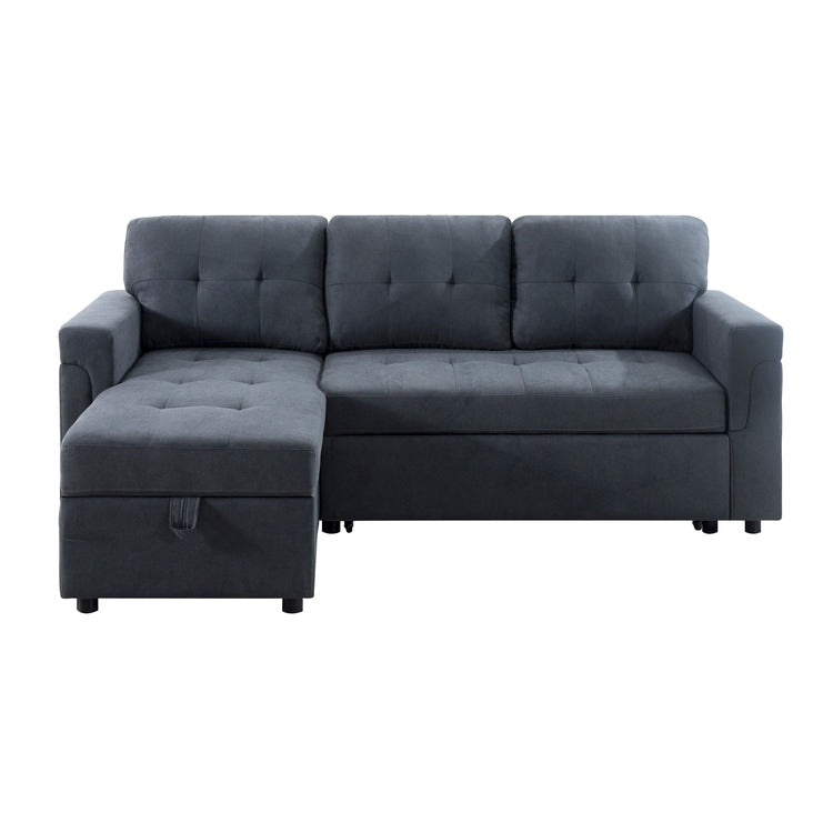 Canapé d'angle convertible et réversible avec lit escamotable, chaise longue avec rangement intégré et pieds robustes.