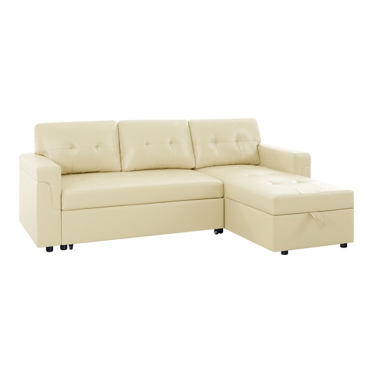 Canapé d'angle convertible et réversible avec lit escamotable, chaise longue avec rangement intégré et pieds robustes.