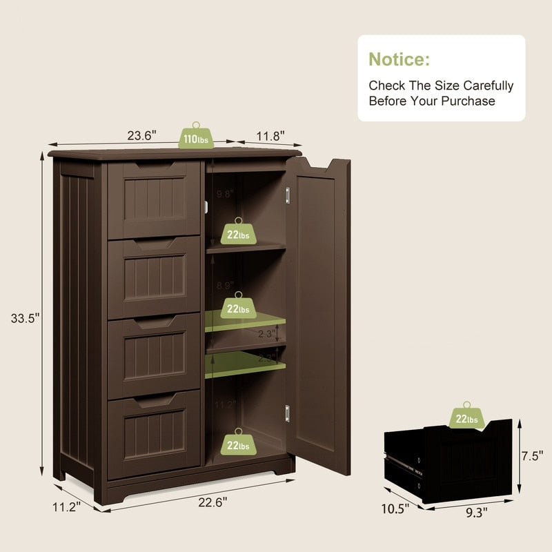 Meuble de rangement pour salle de bain, meuble de rangement au sol avec 4 tiroirs et étagère réglable
