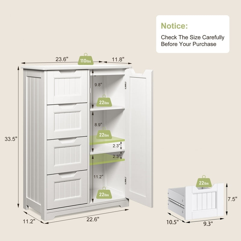 Meuble de rangement pour salle de bain, meuble de rangement au sol avec 4 tiroirs et étagère réglable