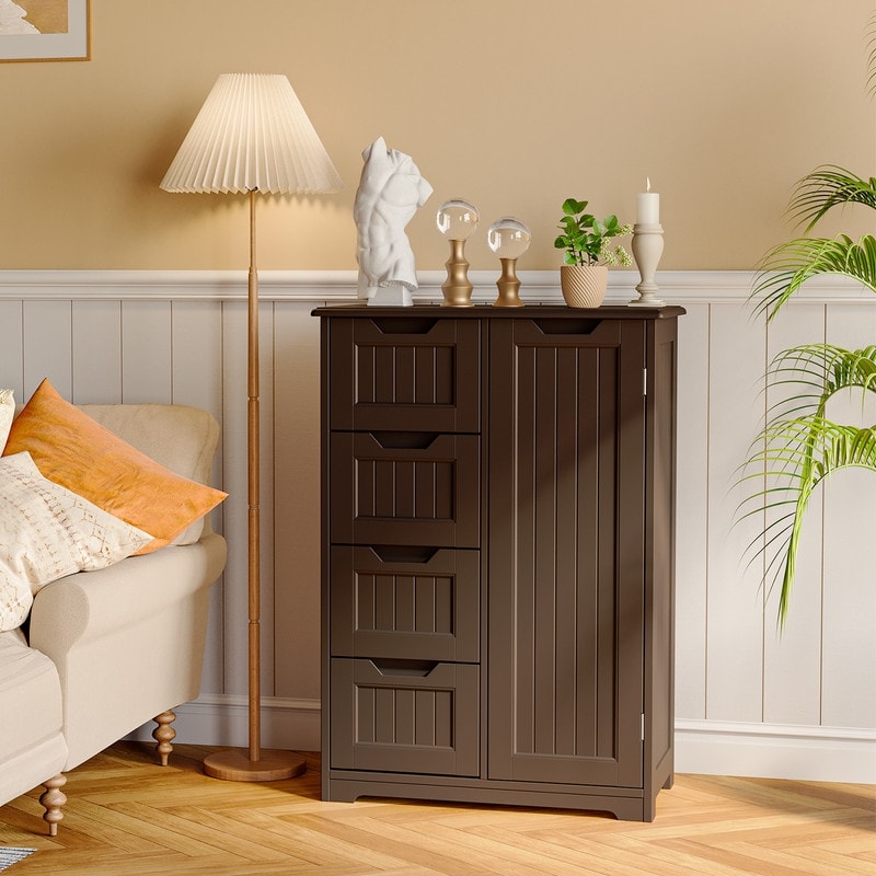 Meuble de rangement pour salle de bain, meuble de rangement au sol avec 4 tiroirs et étagère réglable