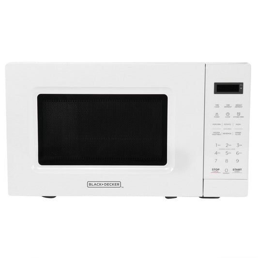 Four à micro-ondes numérique LED blanc de 0,7 pi³ et 700 watts avec verrouillage de sécurité enfant.