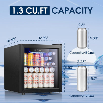 Réfrigérateur à boissons de 1,3 pi³ - Mini réfrigérateur à porte vitrée, capacité de 48 canettes ou 12 bouteilles, avec commandes électroniques tactiles.