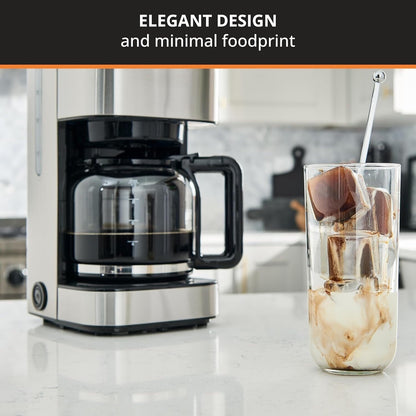Cafetière à filtre 10 tasses, écran numérique, finition en acier inoxydable, minuterie programmable, arrêt automatique.