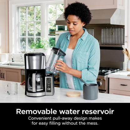 Cafetière programmable 12 tasses, 2 modes de préparation, plaque chauffante réglable, réservoir de 60 oz, fonction de préparation différée, acier inoxydable noir.