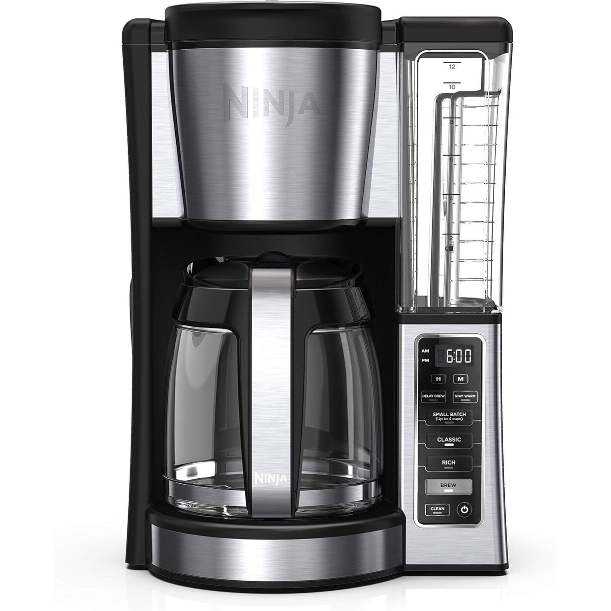 Cafetière programmable 12 tasses, 2 modes de préparation, plaque chauffante réglable, réservoir de 60 oz, fonction de préparation différée, acier inoxydable noir.