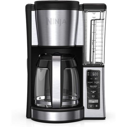 Cafetière programmable 12 tasses, 2 modes de préparation, plaque chauffante réglable, réservoir de 60 oz, fonction de préparation différée, acier inoxydable noir.