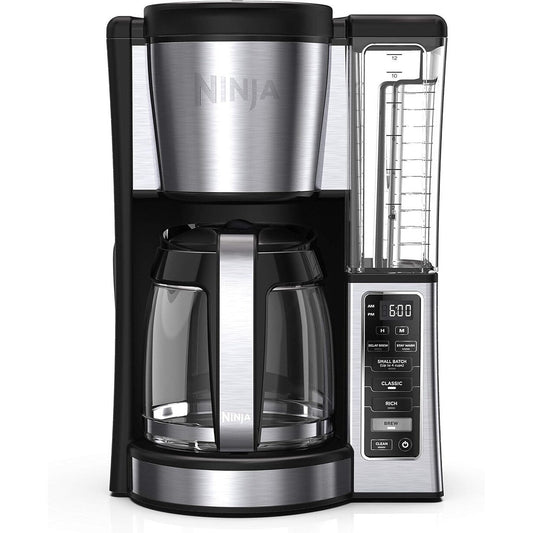 Cafetière programmable 12 tasses, 2 modes de préparation, plaque chauffante réglable, réservoir de 60 oz, fonction de préparation différée, acier inoxydable noir.