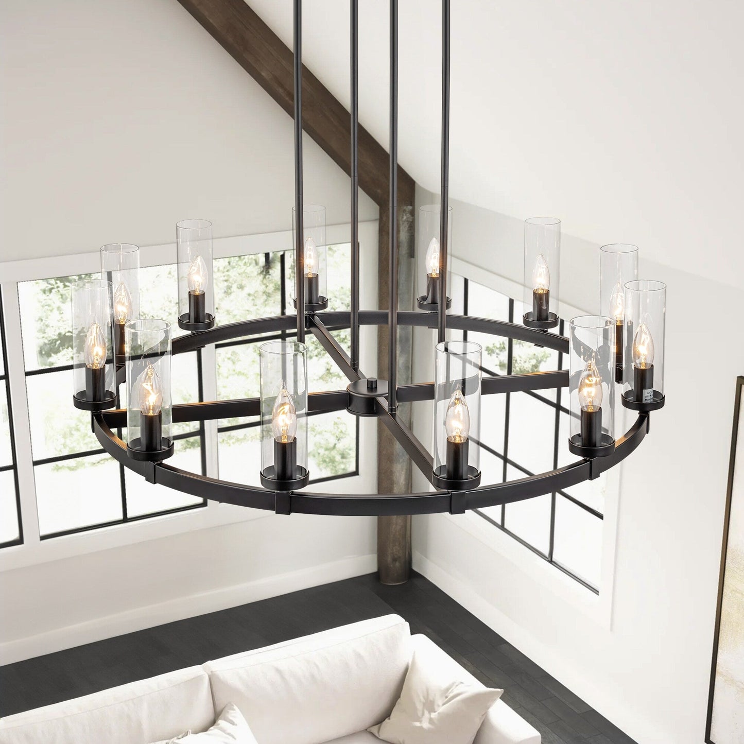 Grand lustre à 12 lumières, style cylindrique moderne du milieu du siècle, en verre transparent, forme de roue de chariot, doré/noir.
