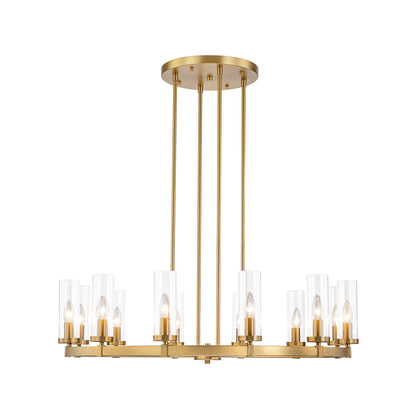 Grand lustre à 12 lumières, style cylindrique moderne du milieu du siècle, en verre transparent, forme de roue de chariot, doré/noir.