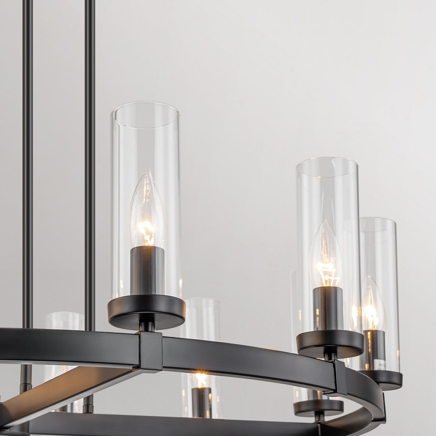 Grand lustre à 12 lumières, style cylindrique moderne du milieu du siècle, en verre transparent, forme de roue de chariot, doré/noir.