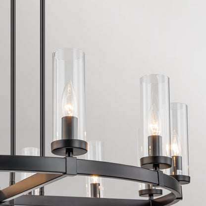 Grand lustre à 12 lumières, style cylindrique moderne du milieu du siècle, en verre transparent, forme de roue de chariot, doré/noir.