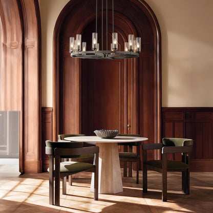 Grand lustre à 12 lumières, style cylindrique moderne du milieu du siècle, en verre transparent, forme de roue de chariot, doré/noir.