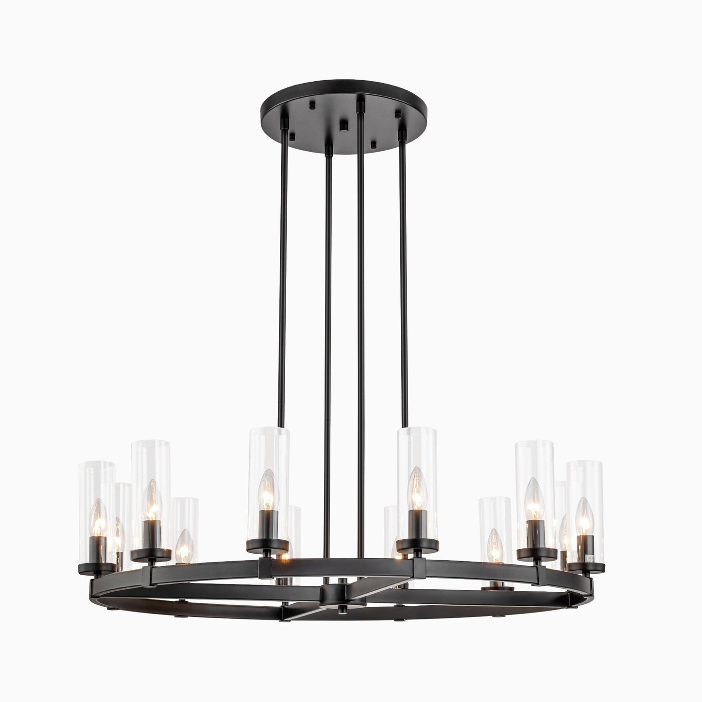Grand lustre à 12 lumières, style cylindrique moderne du milieu du siècle, en verre transparent, forme de roue de chariot, doré/noir.
