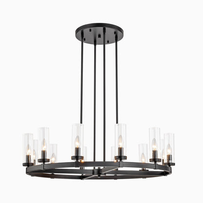Grand lustre à 12 lumières, style cylindrique moderne du milieu du siècle, en verre transparent, forme de roue de chariot, doré/noir.