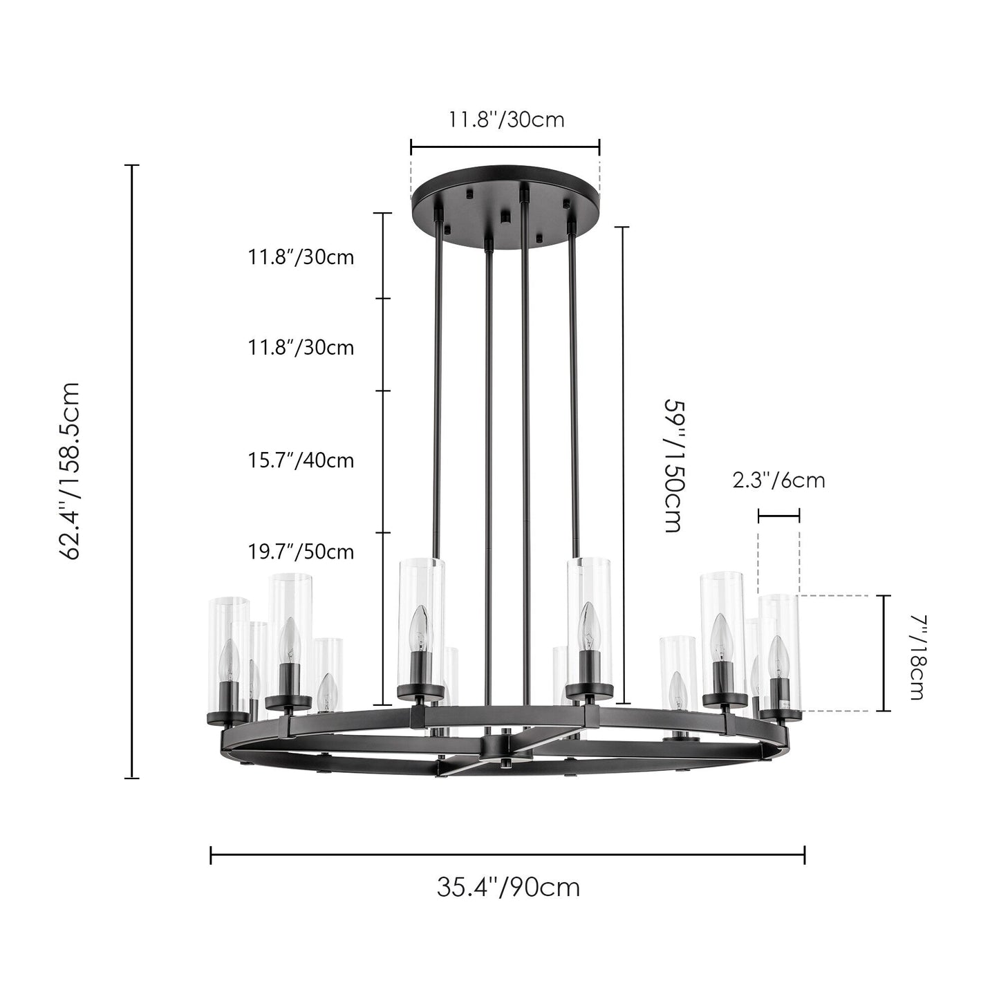 Grand lustre à 12 lumières, style cylindrique moderne du milieu du siècle, en verre transparent, forme de roue de chariot, doré/noir.