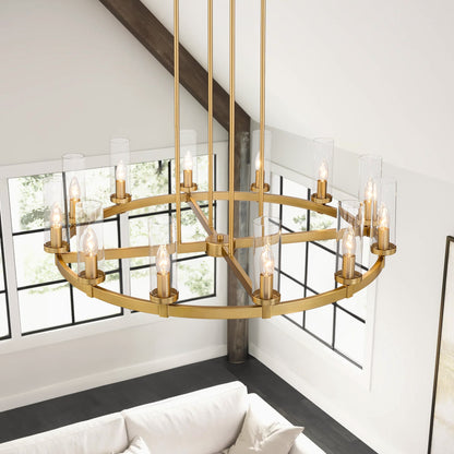 Grand lustre à 12 lumières, style cylindrique moderne du milieu du siècle, en verre transparent, forme de roue de chariot, doré/noir.