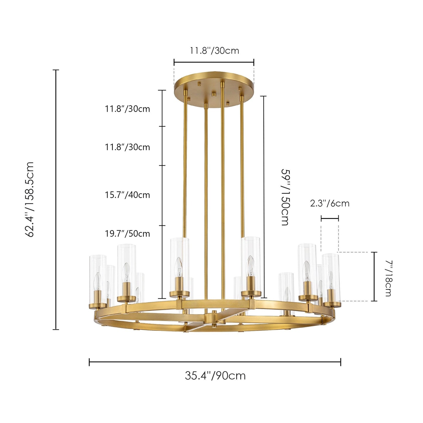 Grand lustre à 12 lumières, style cylindrique moderne du milieu du siècle, en verre transparent, forme de roue de chariot, doré/noir.