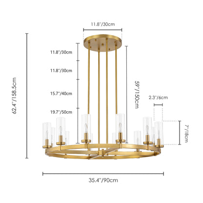 Grand lustre à 12 lumières, style cylindrique moderne du milieu du siècle, en verre transparent, forme de roue de chariot, doré/noir.