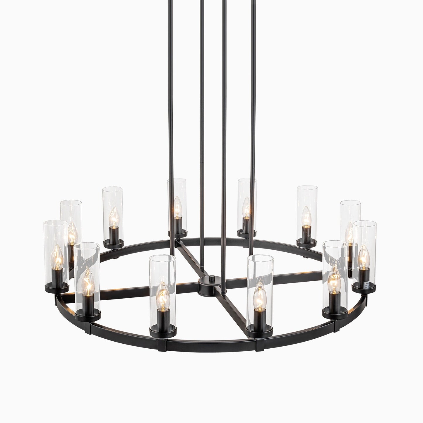 Grand lustre à 12 lumières, style cylindrique moderne du milieu du siècle, en verre transparent, forme de roue de chariot, doré/noir.