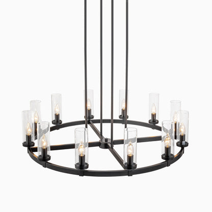 Grand lustre à 12 lumières, style cylindrique moderne du milieu du siècle, en verre transparent, forme de roue de chariot, doré/noir.