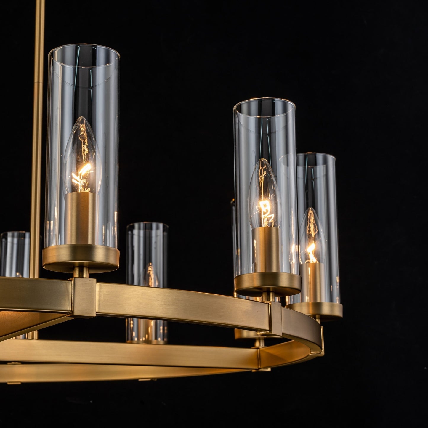 Grand lustre à 12 lumières, style cylindrique moderne du milieu du siècle, en verre transparent, forme de roue de chariot, doré/noir.