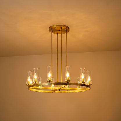 Grand lustre à 12 lumières, style cylindrique moderne du milieu du siècle, en verre transparent, forme de roue de chariot, doré/noir.