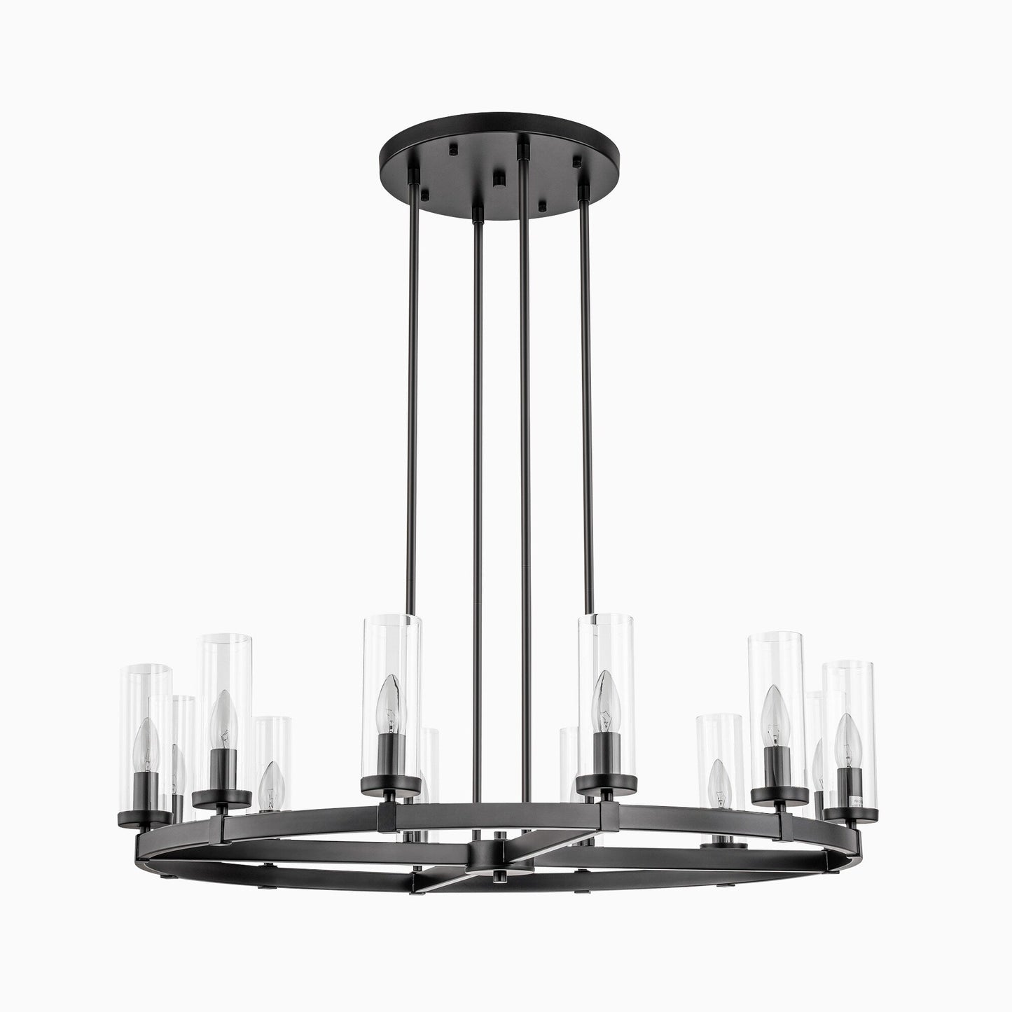 Grand lustre à 12 lumières, style cylindrique moderne du milieu du siècle, en verre transparent, forme de roue de chariot, doré/noir.