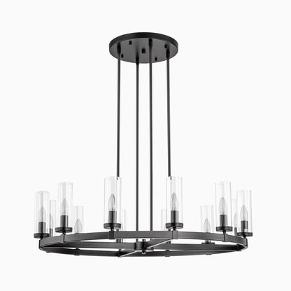 Grand lustre à 12 lumières, style cylindrique moderne du milieu du siècle, en verre transparent, forme de roue de chariot, doré/noir.