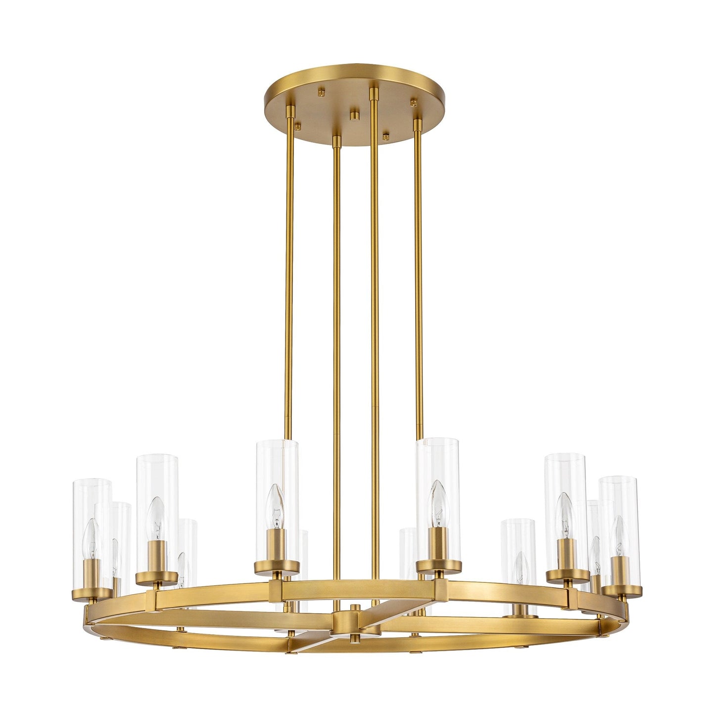 Grand lustre à 12 lumières, style cylindrique moderne du milieu du siècle, en verre transparent, forme de roue de chariot, doré/noir.