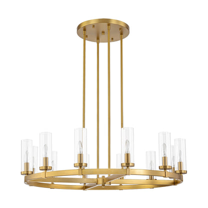 Grand lustre à 12 lumières, style cylindrique moderne du milieu du siècle, en verre transparent, forme de roue de chariot, doré/noir.