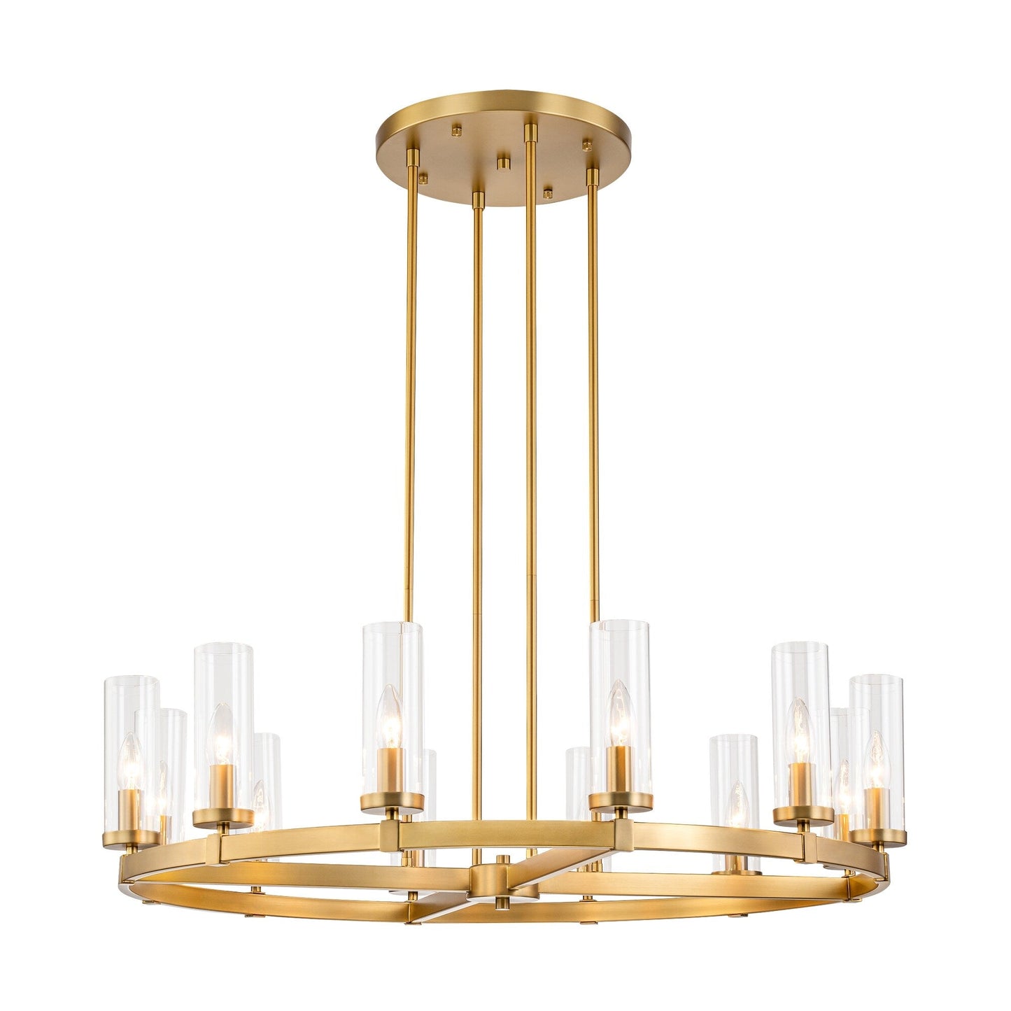 Grand lustre à 12 lumières, style cylindrique moderne du milieu du siècle, en verre transparent, forme de roue de chariot, doré/noir.