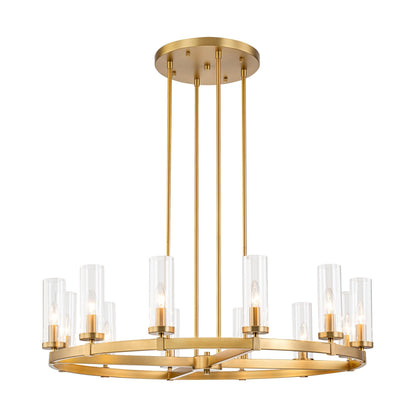 Grand lustre à 12 lumières, style cylindrique moderne du milieu du siècle, en verre transparent, forme de roue de chariot, doré/noir.