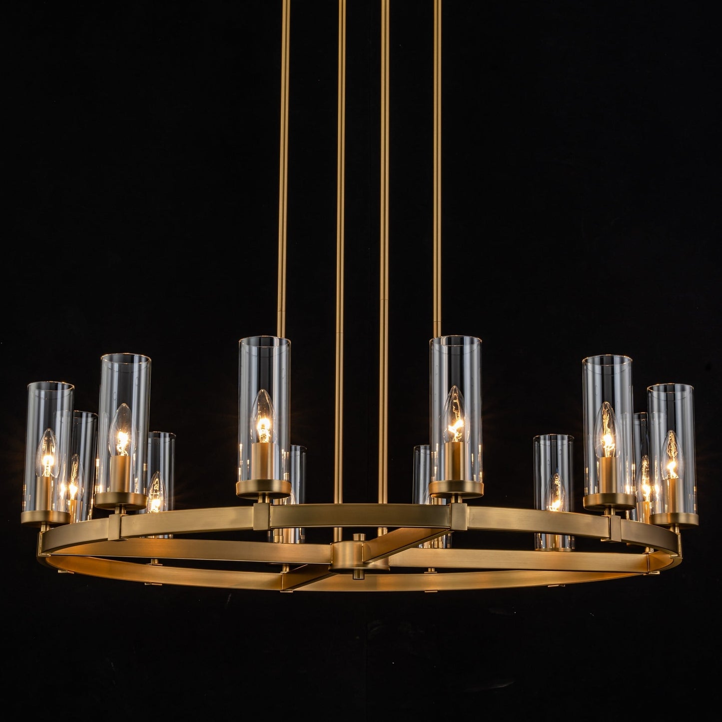 Grand lustre à 12 lumières, style cylindrique moderne du milieu du siècle, en verre transparent, forme de roue de chariot, doré/noir.