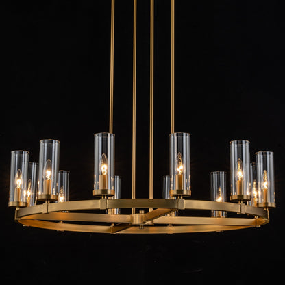 Grand lustre à 12 lumières, style cylindrique moderne du milieu du siècle, en verre transparent, forme de roue de chariot, doré/noir.