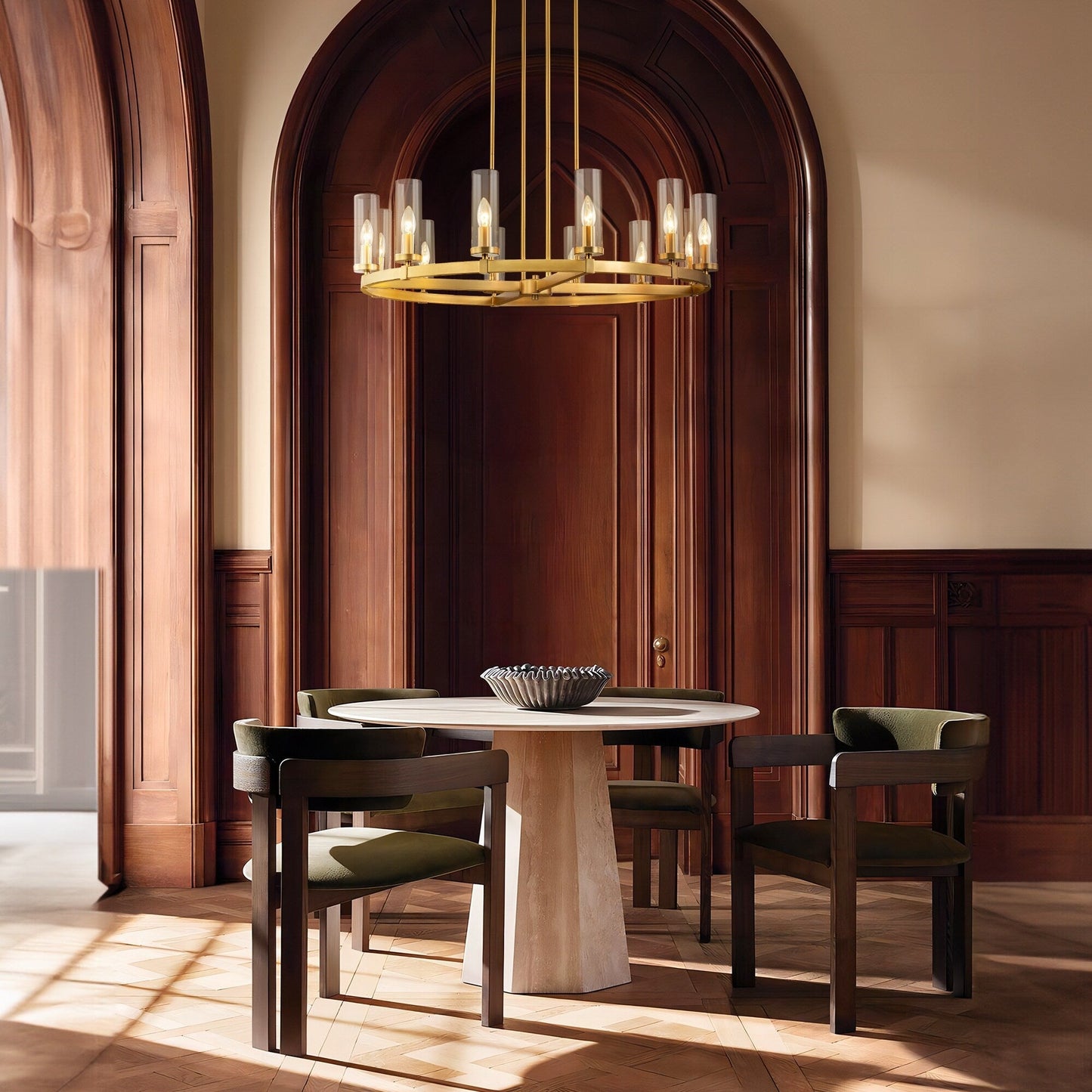 Grand lustre à 12 lumières, style cylindrique moderne du milieu du siècle, en verre transparent, forme de roue de chariot, doré/noir.