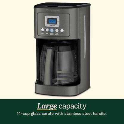 Cafetière programmable 14 tasses, carafe en verre, contrôle de la force du café, réglage 1-4 tasses, acier inoxydable noir