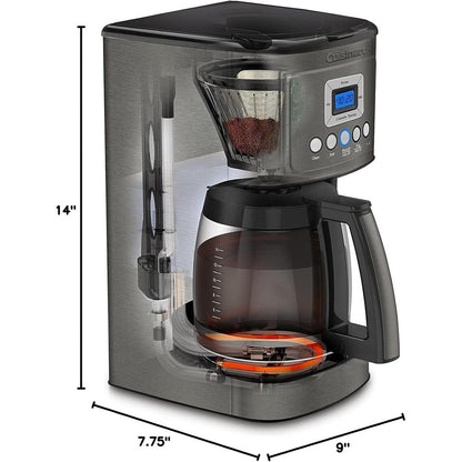 Cafetière programmable 14 tasses, carafe en verre, contrôle de la force du café, réglage 1-4 tasses, acier inoxydable noir