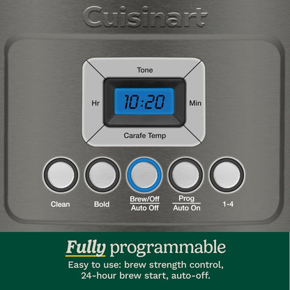 Cafetière programmable 14 tasses, carafe en verre, contrôle de la force du café, réglage 1-4 tasses, acier inoxydable noir