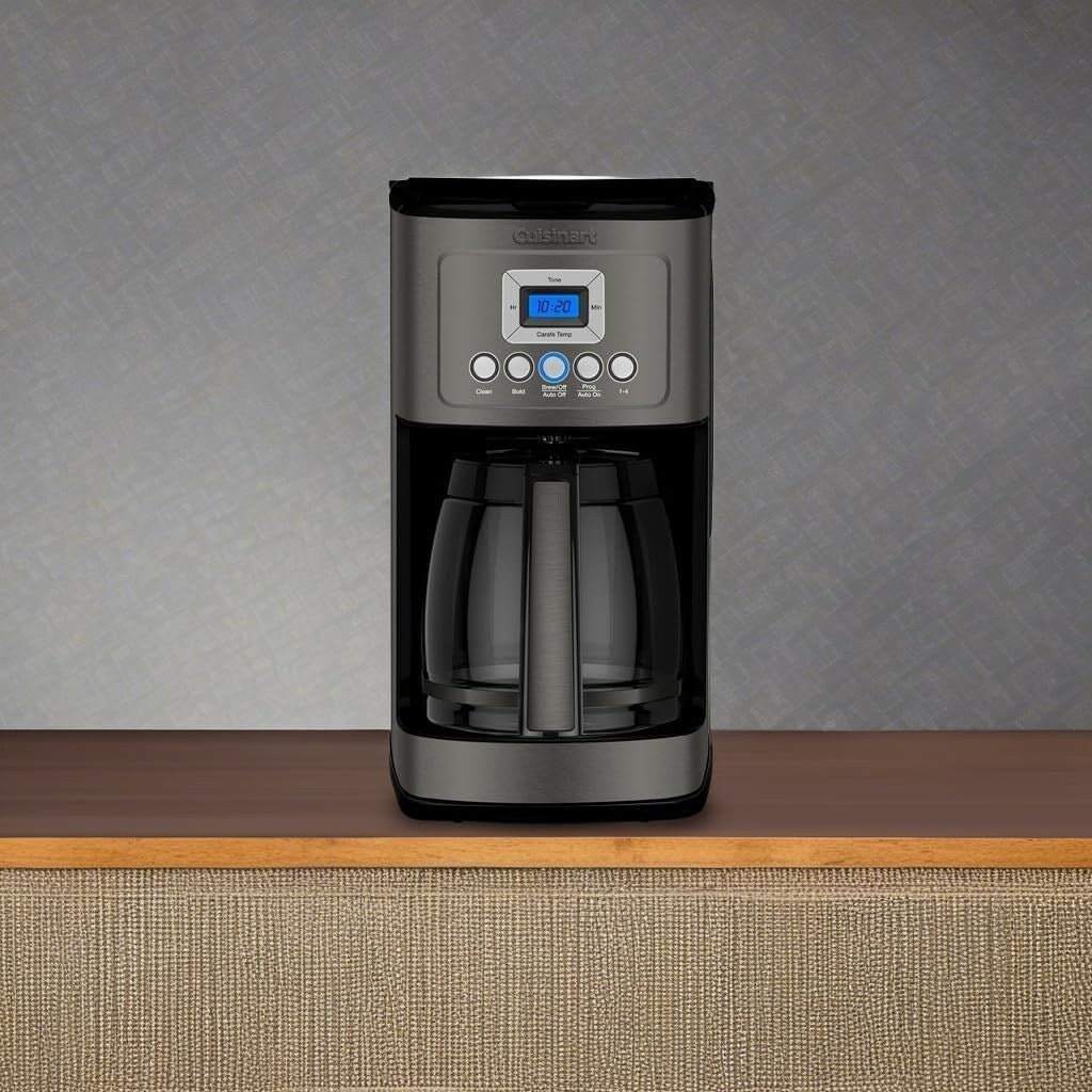 Cafetière programmable 14 tasses, carafe en verre, contrôle de la force du café, réglage 1-4 tasses, acier inoxydable noir