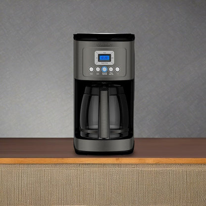 Cafetière programmable 14 tasses, carafe en verre, contrôle de la force du café, réglage 1-4 tasses, acier inoxydable noir