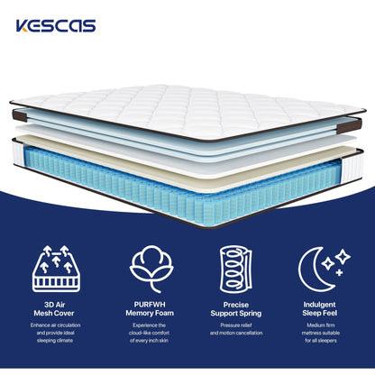 Matelas de 35 cm d'épaisseur, matelas hybride en mousse à mémoire de forme et ressorts ensachés, matelas de fermeté moyenne, tailles Queen et King disponibles en option.