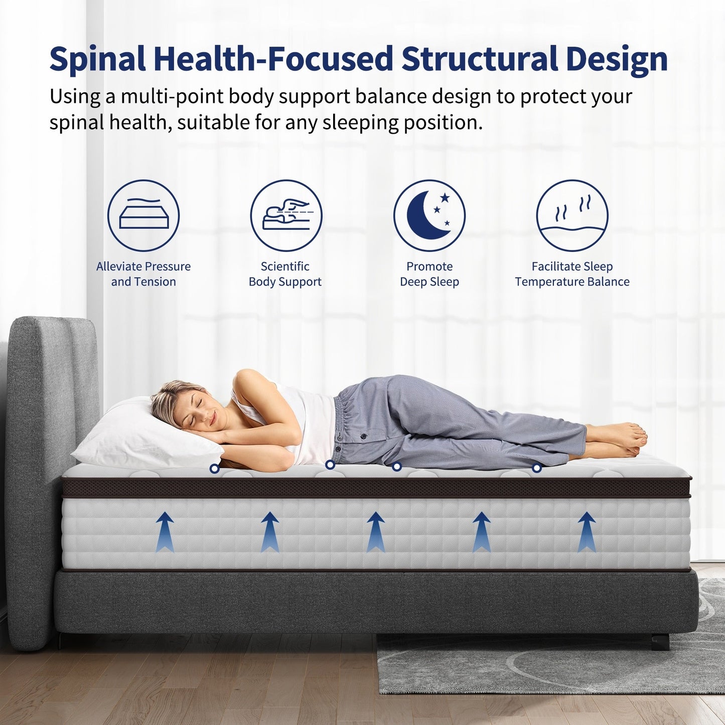 Matelas hybride 14 - Mousse à mémoire de forme au gel de charbon de bambou et ressorts ensachés à 7 zones, fermeté moyenne, essai de 100 nuits