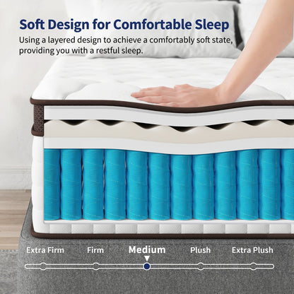 Matelas hybride 14 - Mousse à mémoire de forme au gel de charbon de bambou et ressorts ensachés à 7 zones, fermeté moyenne, essai de 100 nuits