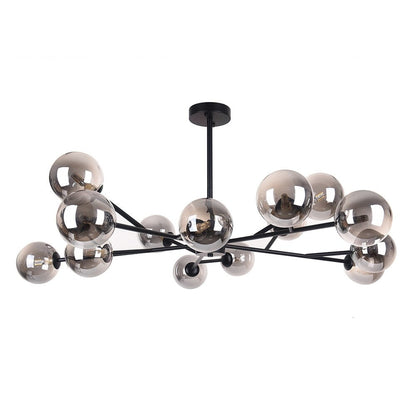 Luminaire à 15 lumières, style moderne, en forme de sputnik, pour îlot de cuisine, avec branches et globes de verre en forme de bulles.
