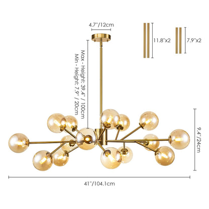 Luminaire à 15 lumières, style moderne, en forme de sputnik, pour îlot de cuisine, avec branches et globes de verre en forme de bulles.