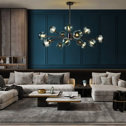 Luminaire à 15 lumières, style moderne, en forme de sputnik, pour îlot de cuisine, avec branches et globes de verre en forme de bulles.