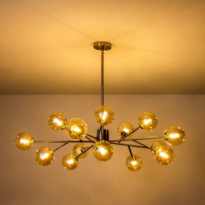 Luminaire à 15 lumières, style moderne, en forme de sputnik, pour îlot de cuisine, avec branches et globes de verre en forme de bulles.